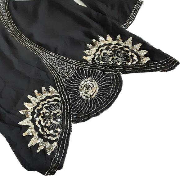 Vintage 1980s 100% Silk Tunic Blouse Black Beaded Statement Collar Long Sleeve S - Picture 5 of 16